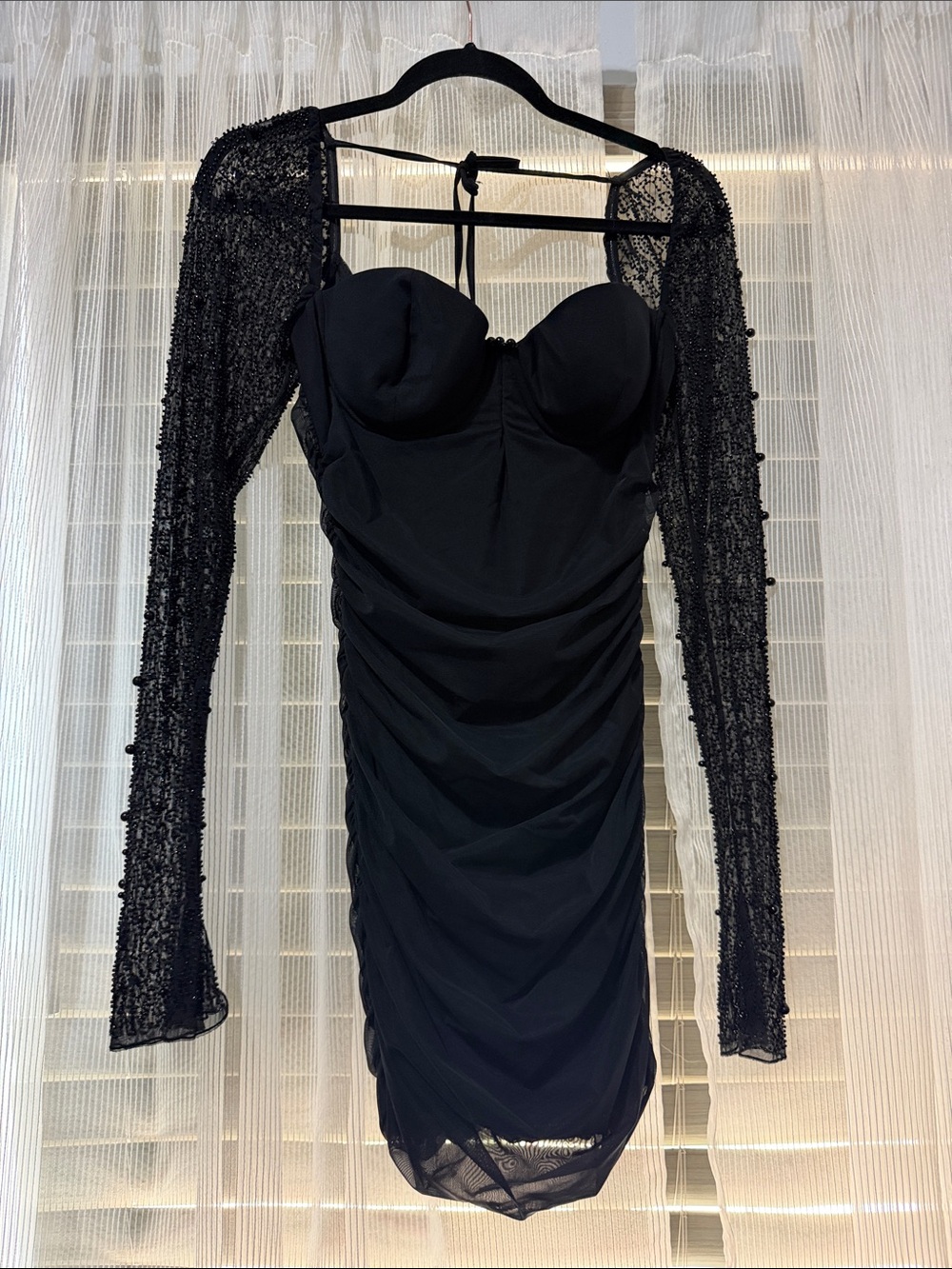 Oh Polly Black Beaded Long-Sleeve Bodycon Dress - Picture 2 of 3
